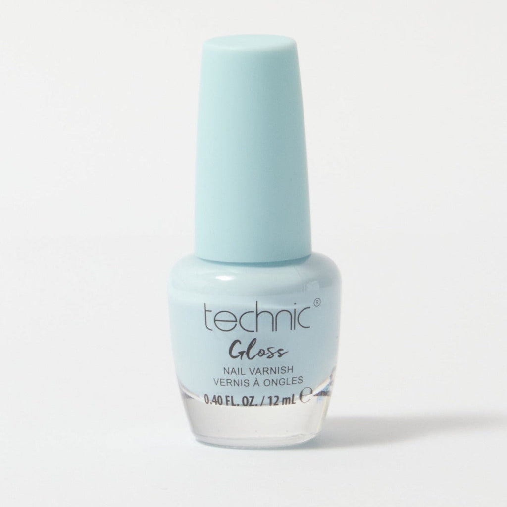 A bottle of gloss nail varnish in the shade Baby Blue on a white background. It is a pastel light blue colour