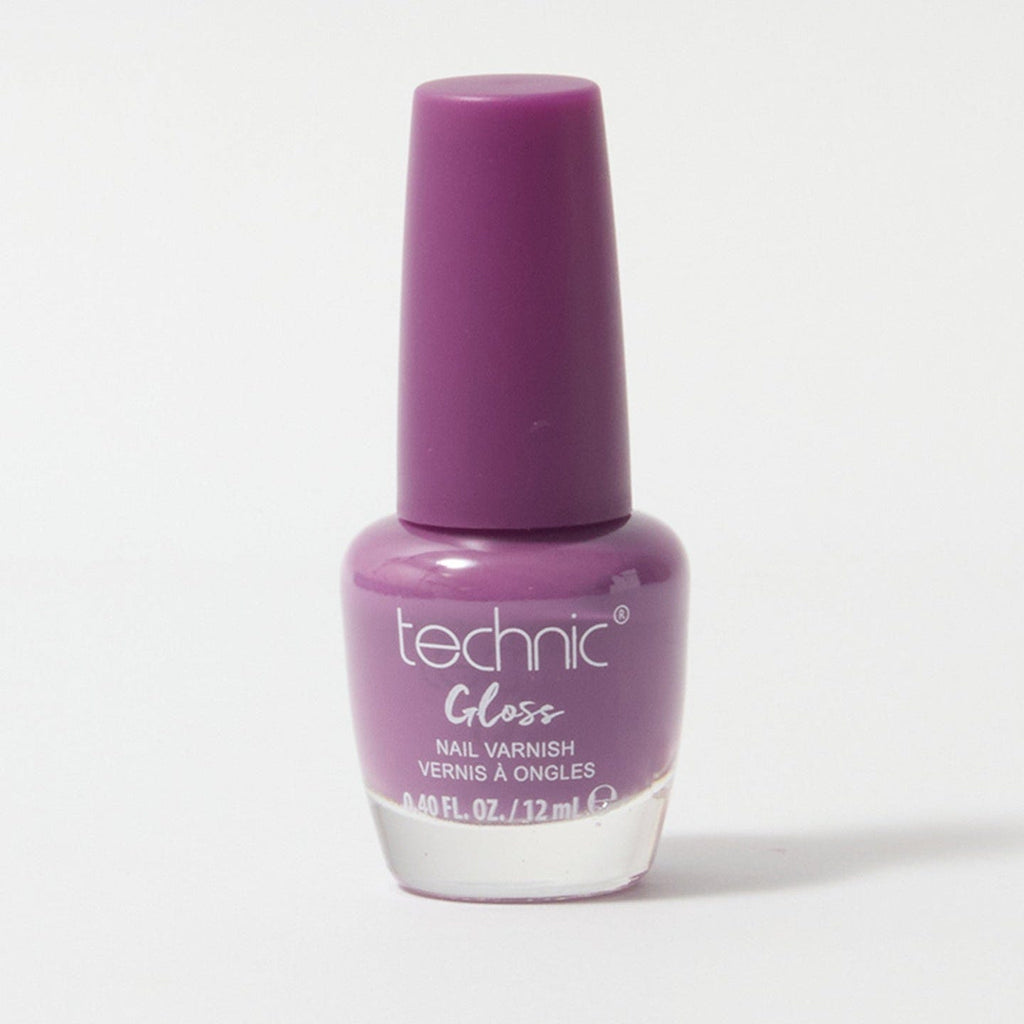 A bottle of gloss nail varnish in the shade Thistle on a white background
