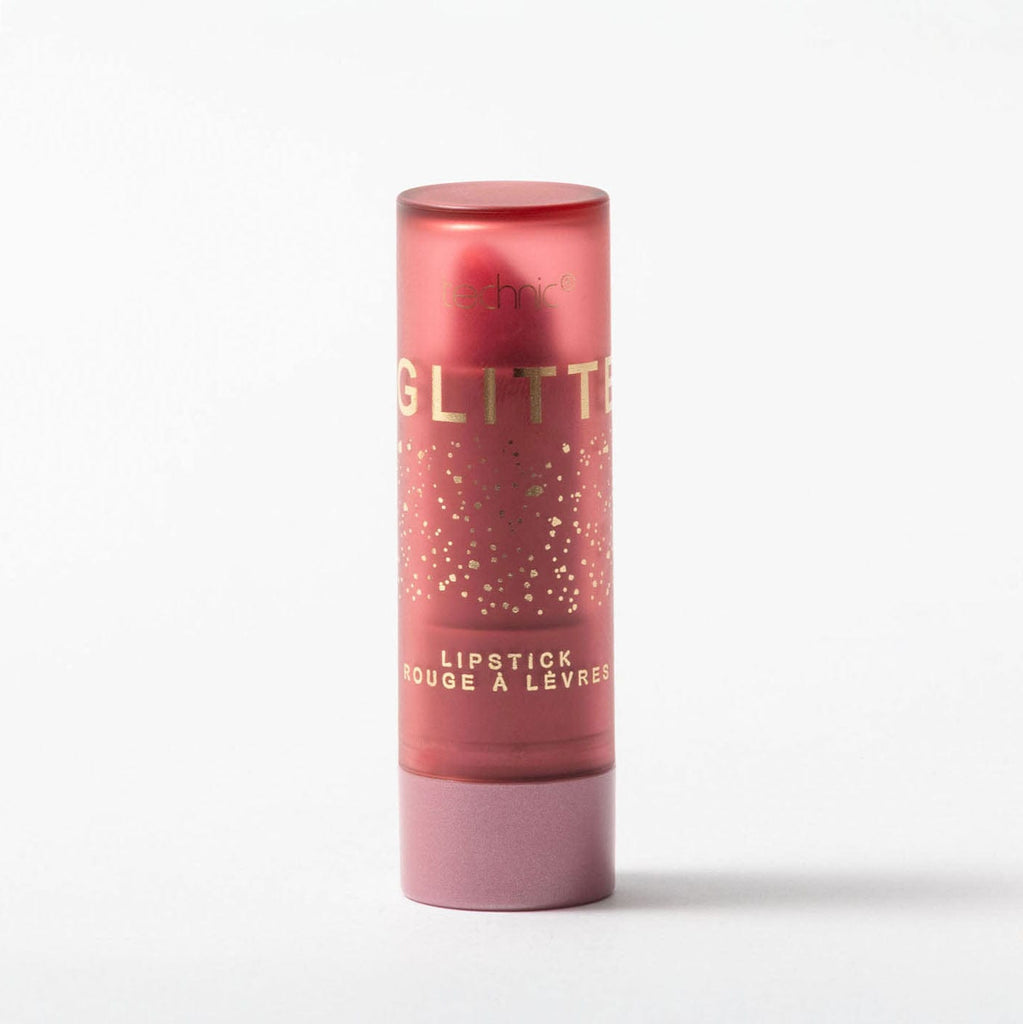 Pink glittery lipstick with gold text on a white background