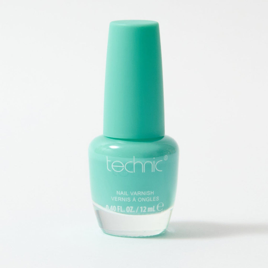 A bottle of nail varnish in the shade Surfs Up on a white background