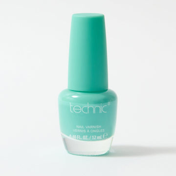 A bottle of nail varnish in the shade Surfs Up on a white background