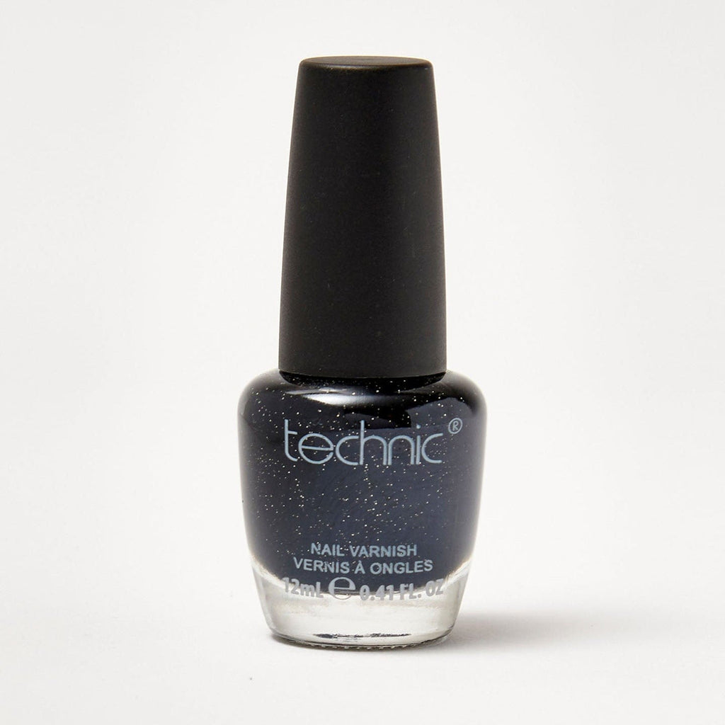 A bottle of shimmer nail varnish in the shade Black Velvet on a white background.