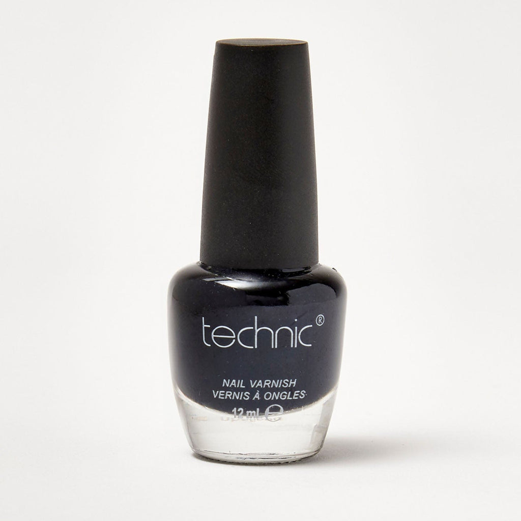 A bottle of nail varnish in the shade Jet Black on a white background