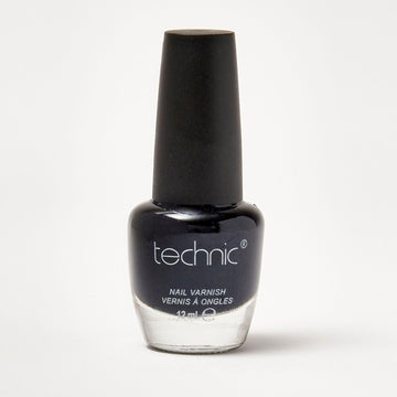 A bottle of nail varnish in the shade Jet Black on a white background