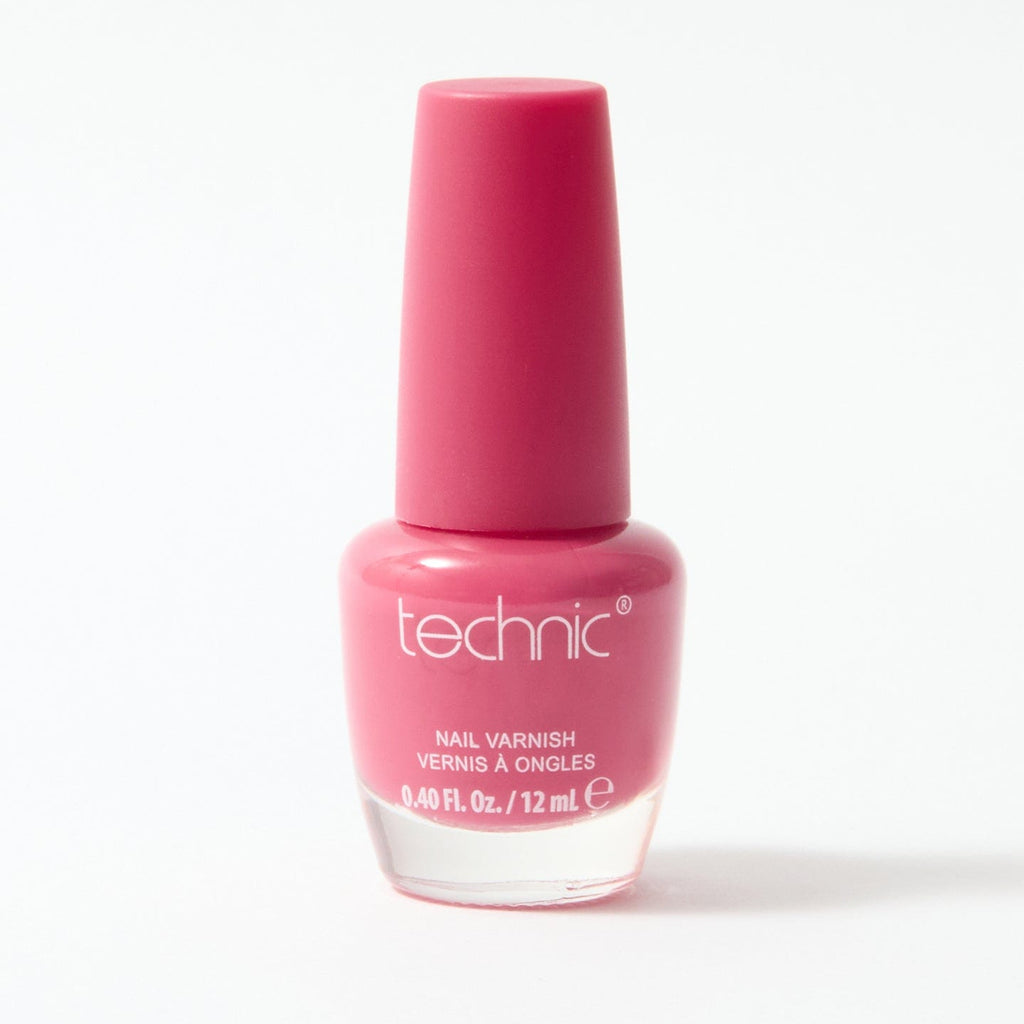 A bottle of nail varnish in the shade Peony Pink on a white background