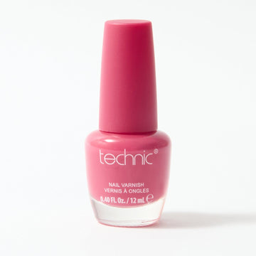 A bottle of nail varnish in the shade Peony Pink on a white background