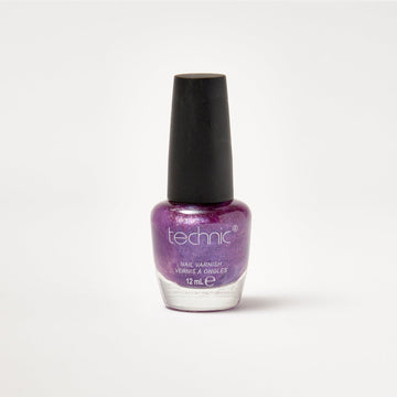 A nail varnish bottle in the shade Purple Rain in front of a white background.