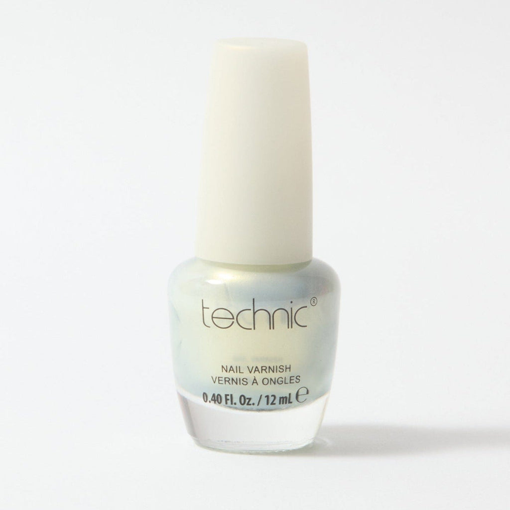 A bottle of shimmer nail varnish in the shade Unicorn Tears on a white background.