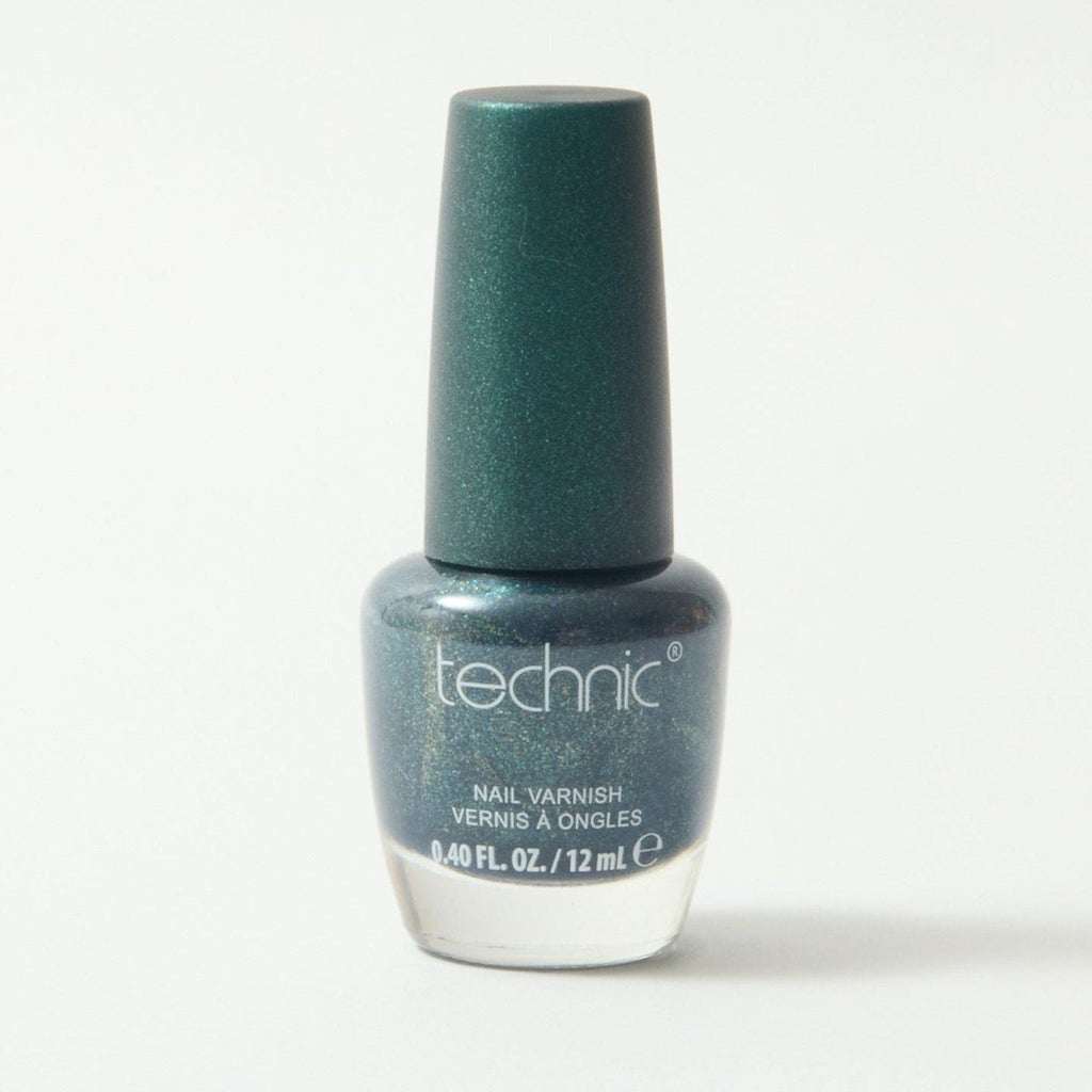 A bottle of shimmer nail varnish in the shade Mermazing on a white background.