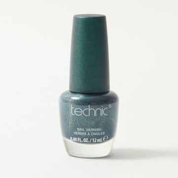 A bottle of shimmer nail varnish in the shade Mermazing on a white background.
