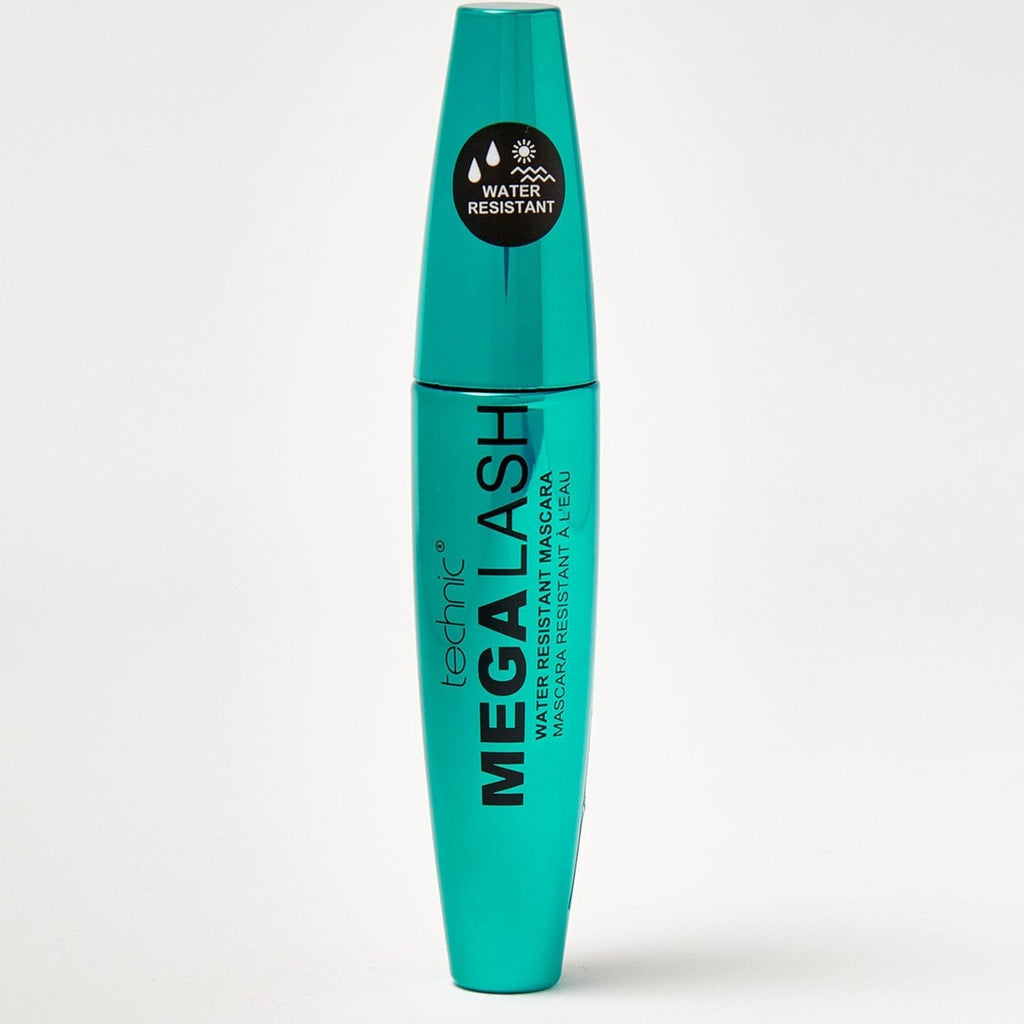 A mega lash water resistant mascara on a white background.