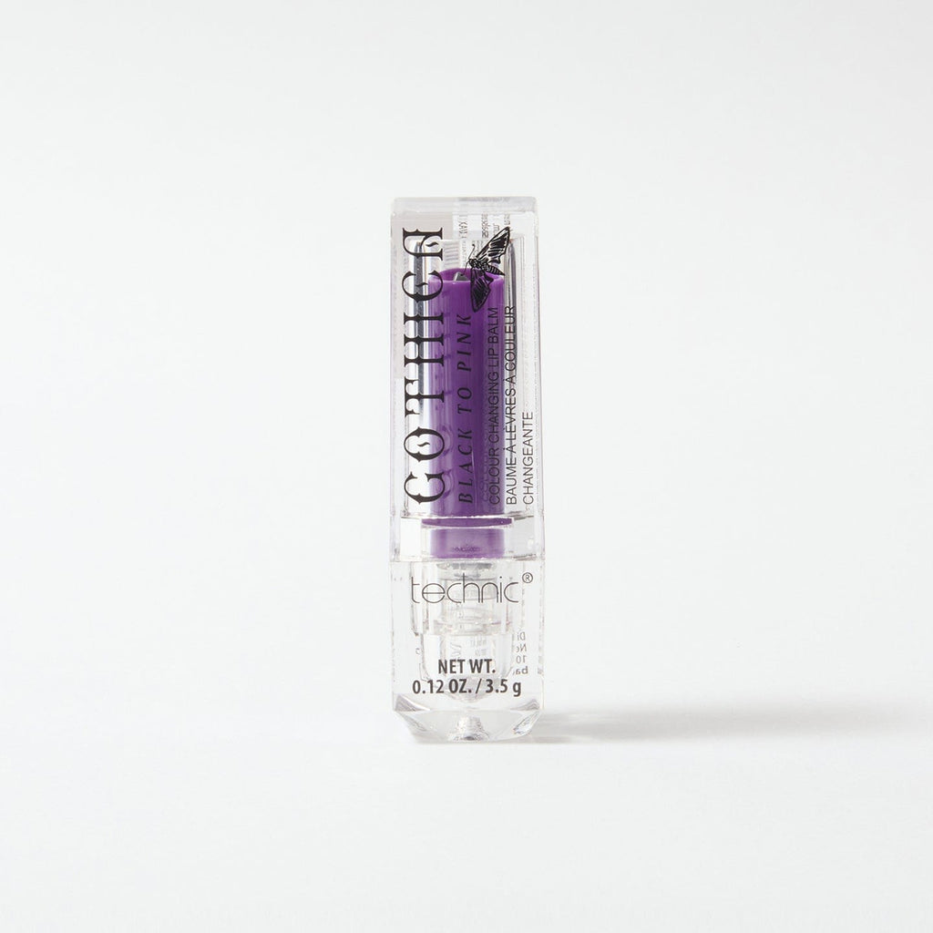 Gothica colouring changing lip balm in the colour purple, on a white background.