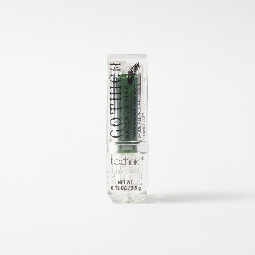 Gothica colouring changing lip balm in the colour green, on a white background.