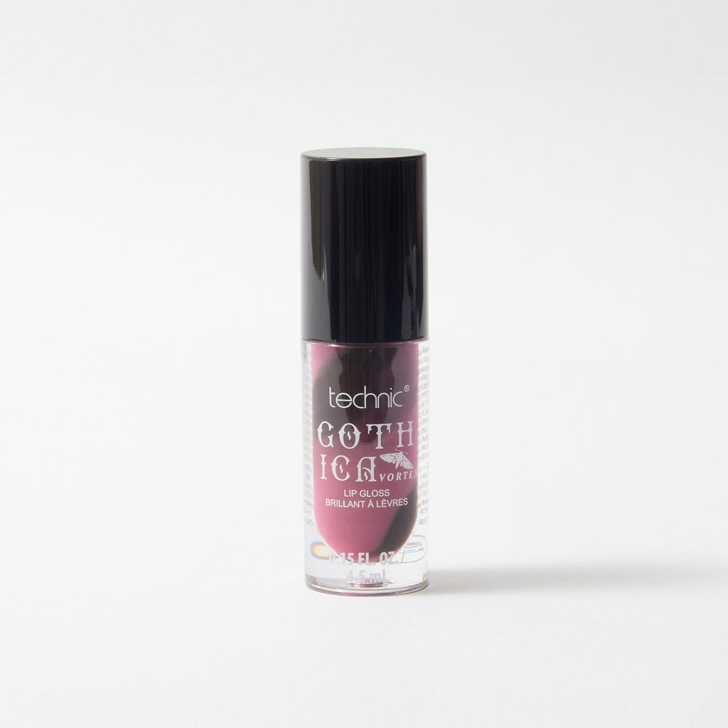 Gothica lip gloss which has a swirl pattern in colours of black and purple, on a white background.