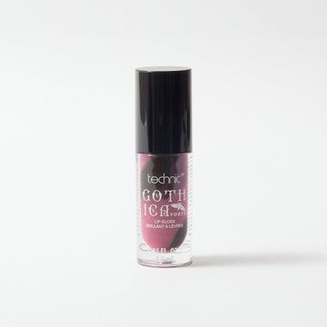 Gothica lip gloss which has a swirl pattern in colours of black and purple, on a white background.