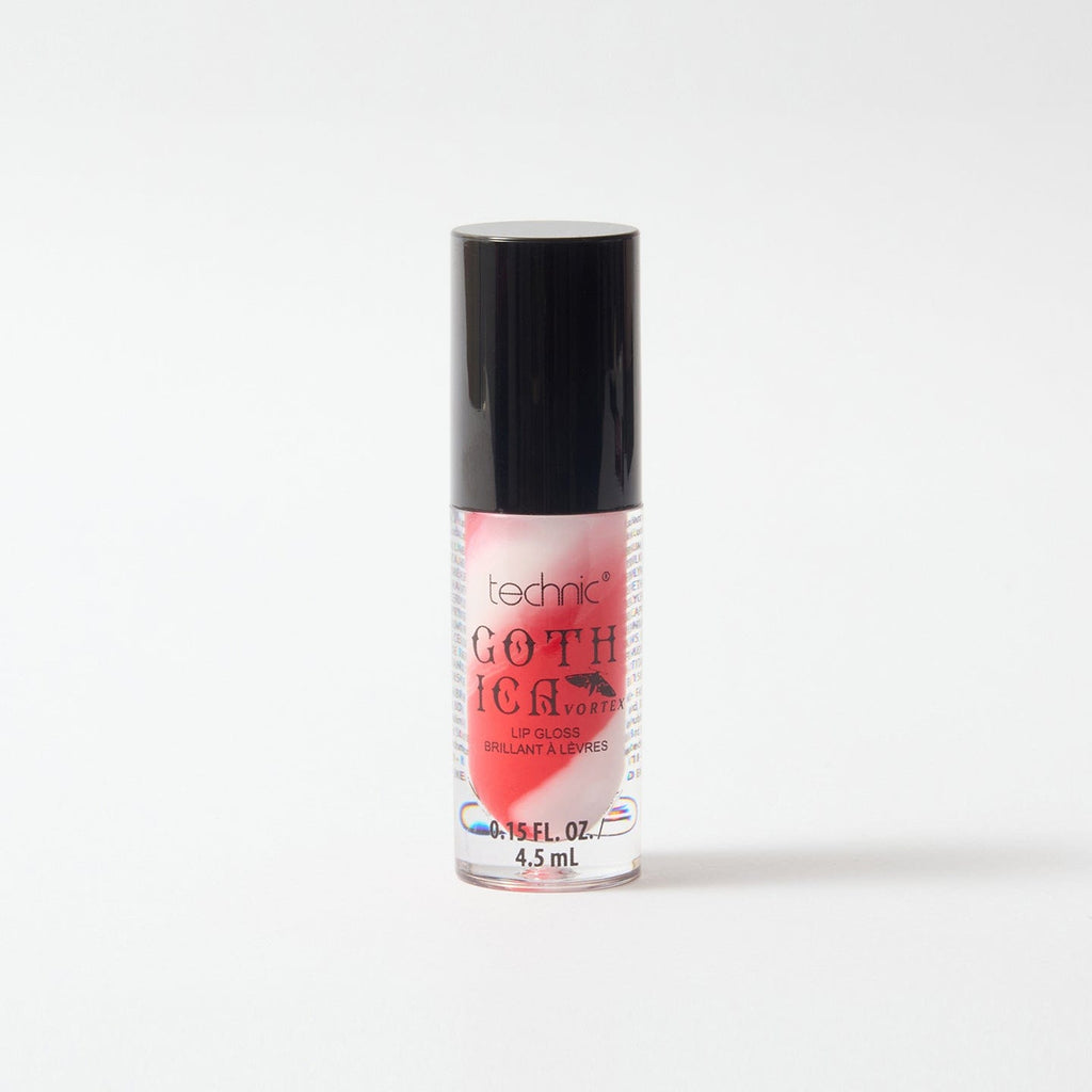 Gothica lip gloss with swirl pattern in colours of red and white, on a white background.
