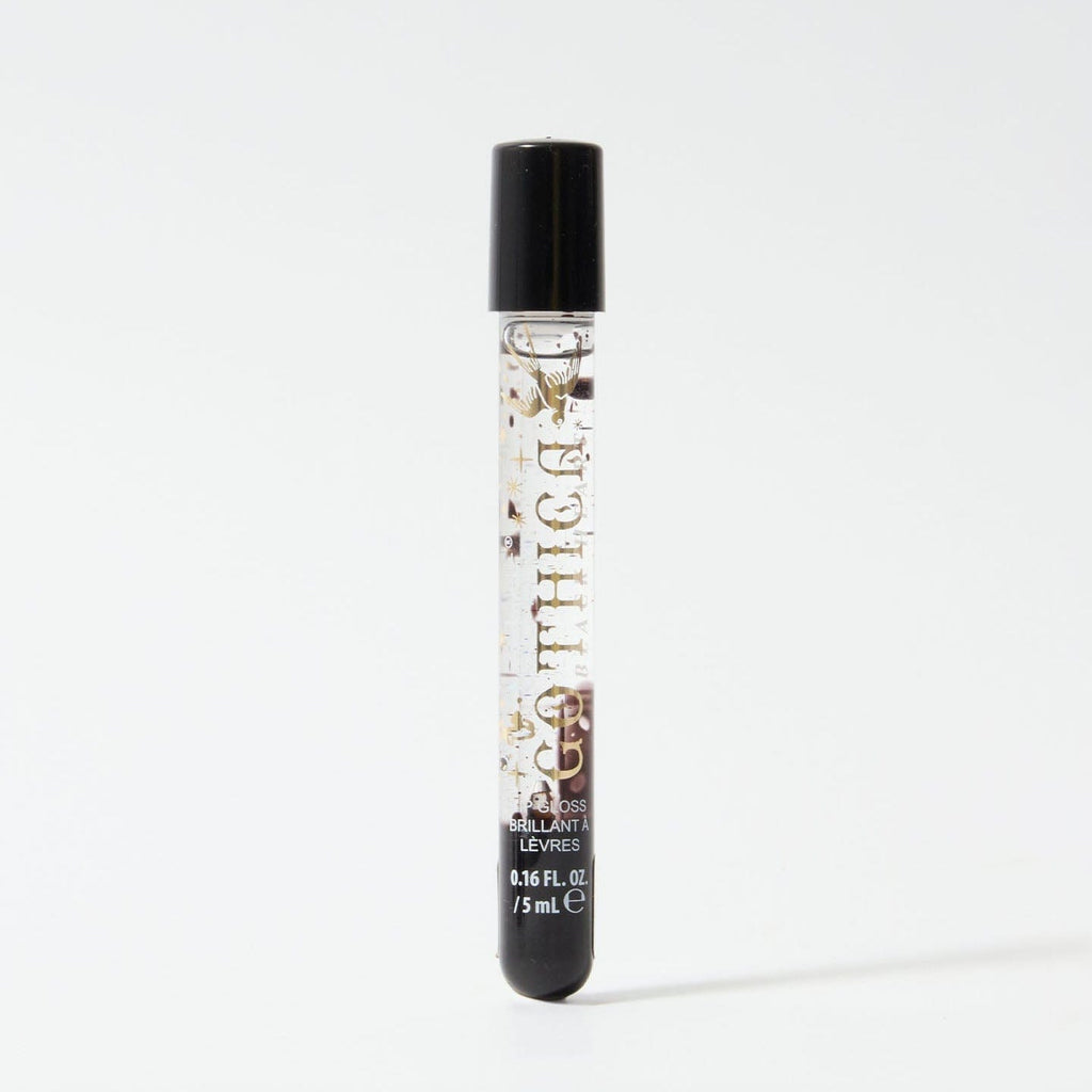 Lip balm container with black cap and label on a white background