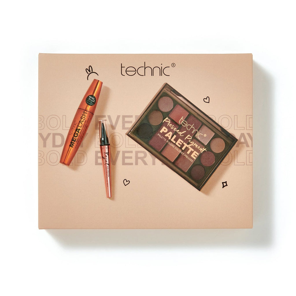 The day to night trio on a white background. The giftset box is beige with images of the 3 products included inside.