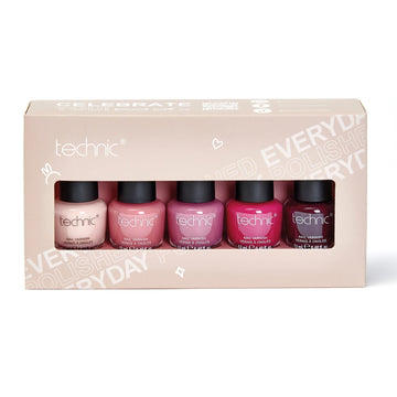 The nail varnish giftset on a white background. It is in a beige box with a cut out in the front for the 5 nail varnishes. 