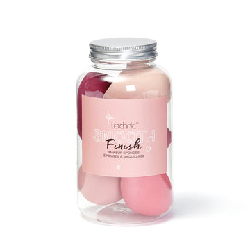 Makeup sponge giftset is in a clear jar with a pink label on it to say the giftset name. This is photographed on a white background. 