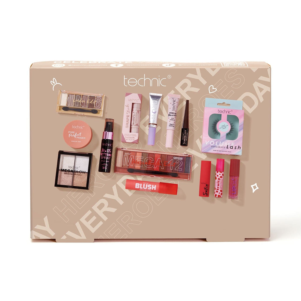 The showstopper giftset on a white background. The giftset is a beige box and all the contents are displayed on the front of the packaging.