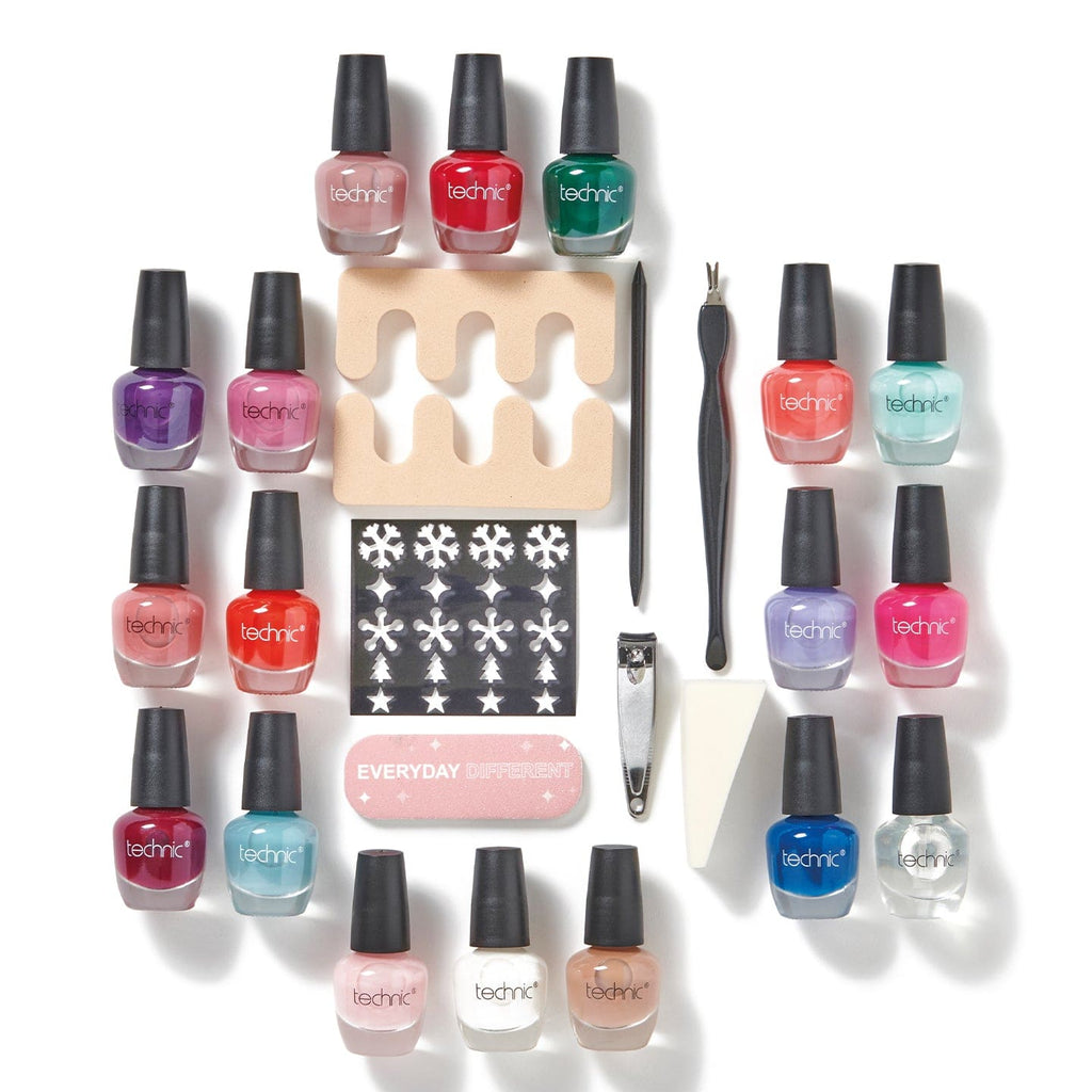 All the nail products included in  the advent calendar displayed on a white background.