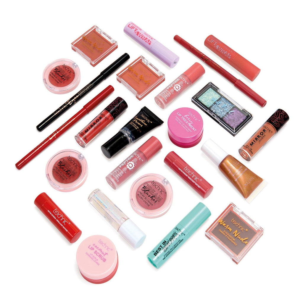 Assorted makeup products including lipsticks, lip glosses, and eyeshadows on a white background