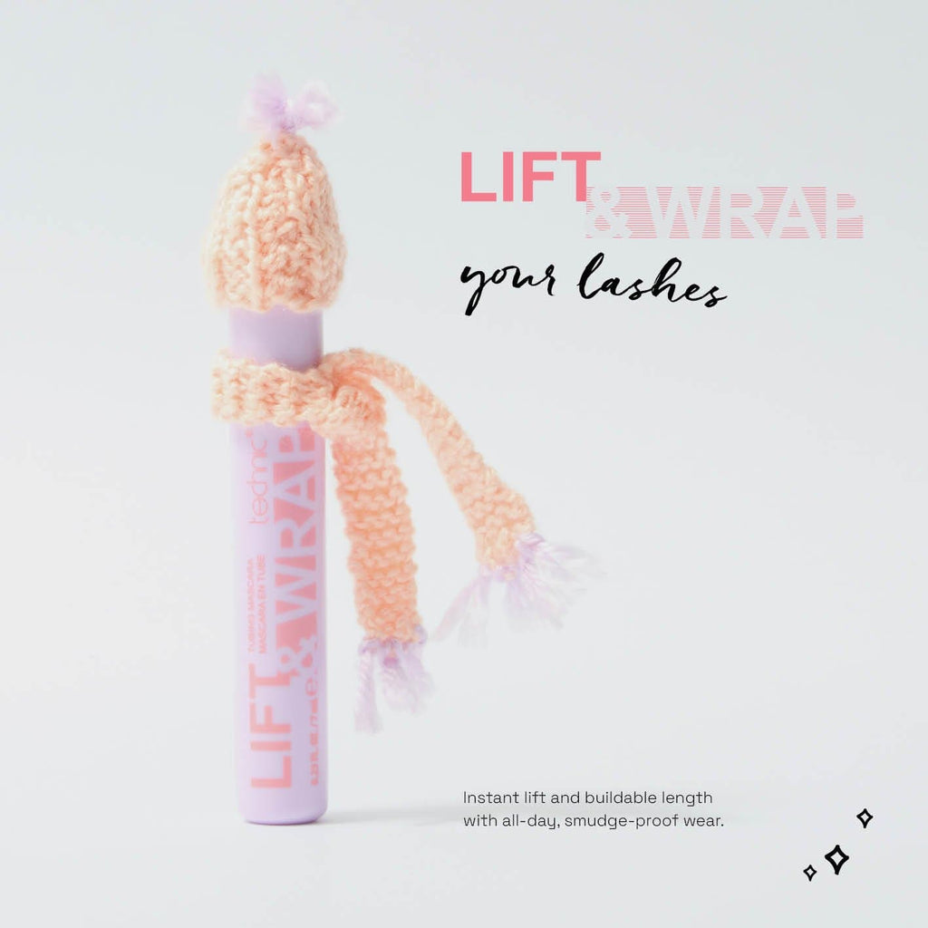 Tubing mascara in purple tube with a mini hat and scalf with slogan "Lift & Wrap Your Lashes"