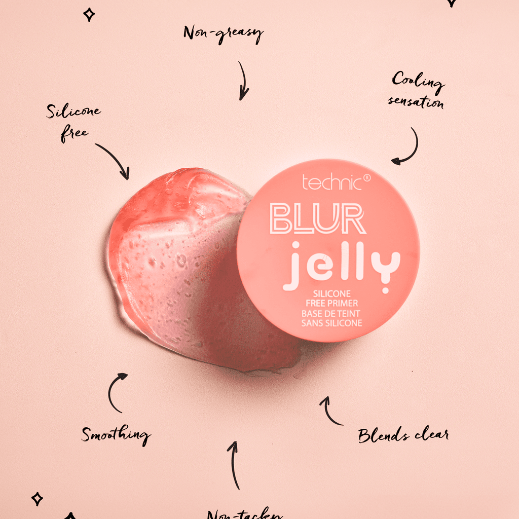 A blur jelly primer on a pink background with arrows saying key things about the product. They include Silicone Free, non-greasy, Cooling sensation, blends clear and smoothing. 