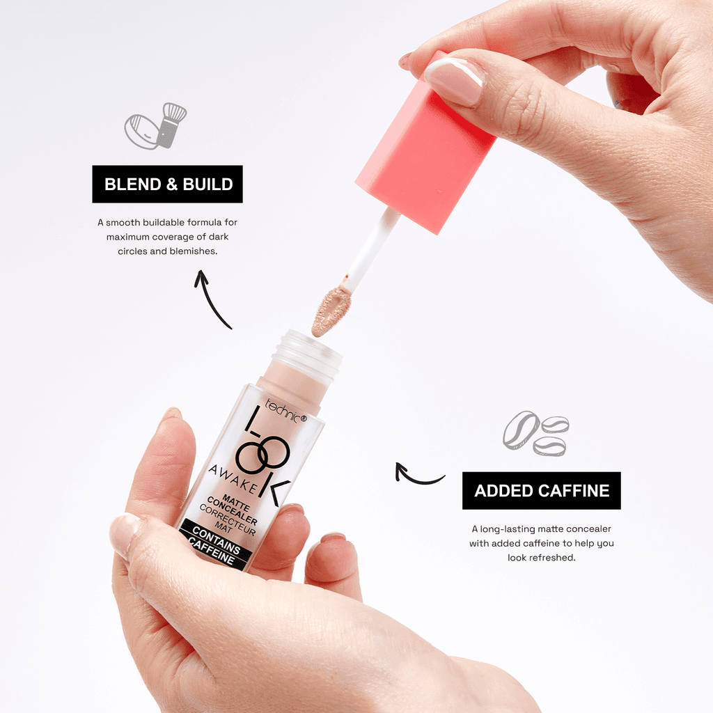 A models hand opening the concealer with arrows pointing at it saying it is a buildable formula and has added caffine in it.
