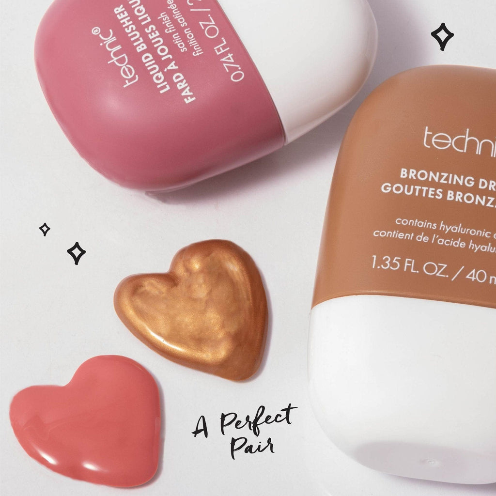 Two cosmetic products, a pink liquid blusher and a bronzing product, on a white background with text and decorative elements.