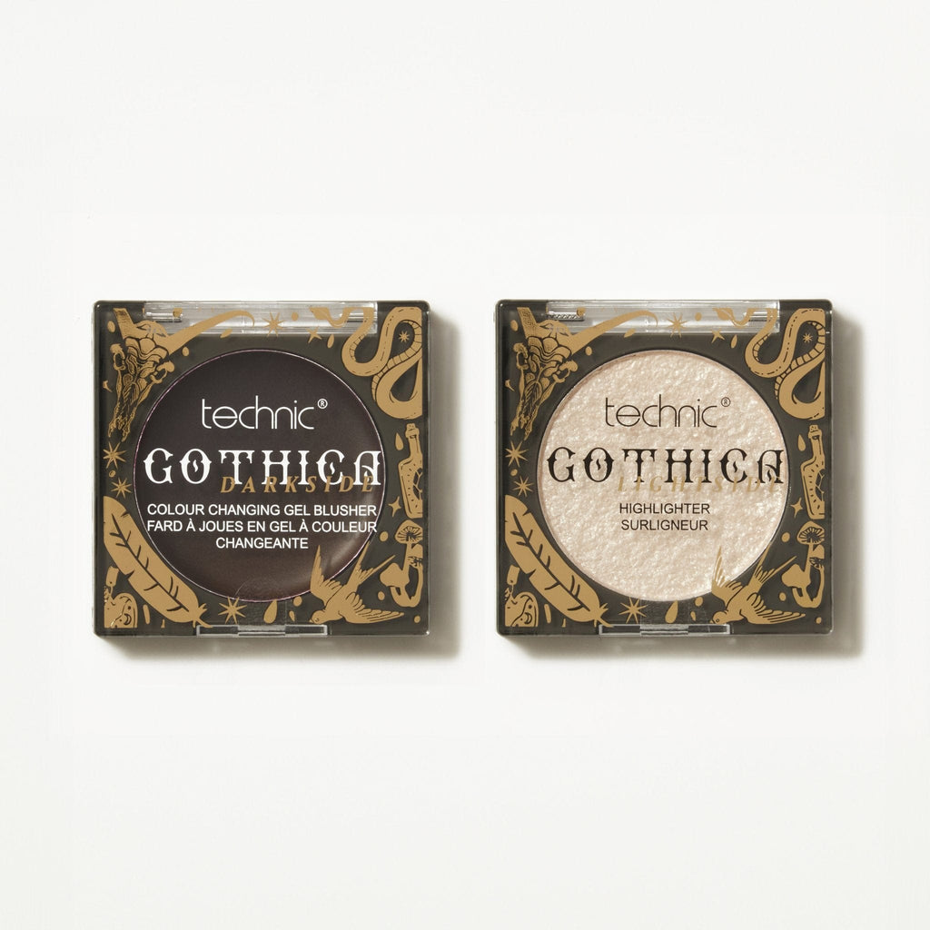 The gothica highlighter and blusher next to each other on a white background.