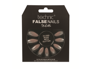 Technic False Nails - Stiletto Gloss Nude With Glitter